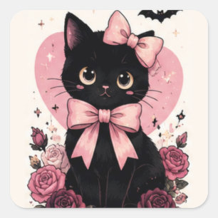 Sticker Carré Chat noir floral Rose Ruban rose
