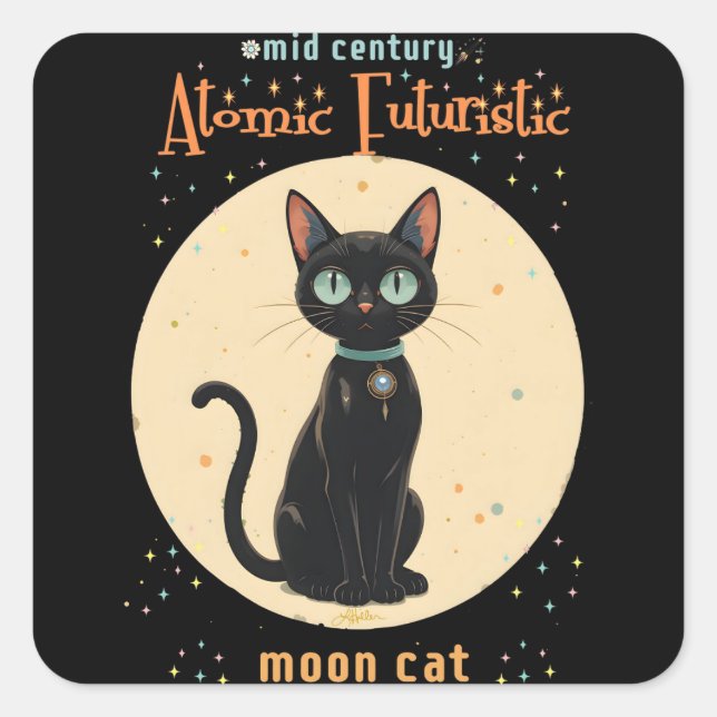 Sticker Carré Chat noir futuriste atomique avec lune et texte (Devant)
