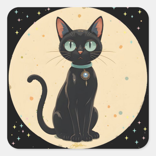 Sticker Carré Chat noir futuriste atomique Lune (Devant)
