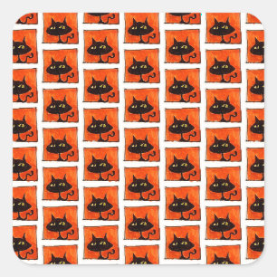 Sticker Carré Chat noir Halloween Carrés orange Dessin animé