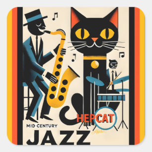 Sticker Carré Chat Noir HepCat d'Ère du Jazz Milieu du Siècle