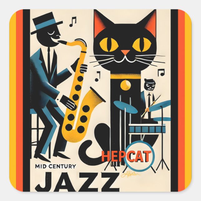 Sticker Carré Chat Noir HepCat d'Ère du Jazz Milieu du Siècle (Devant)