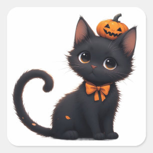 Sticker Carré Chat noir Kawaii Halloween 🎃