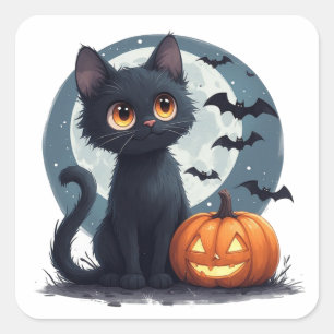 Sticker Carré Chat noir kawaii sous la pleine lune Halloween 🎃