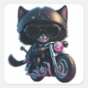 Sticker Carré Chat noir mignon chevauchant une moto