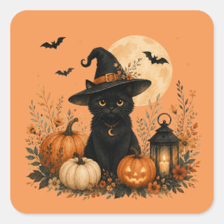Sticker Carré Chat noir mignon citrouille Halloween
