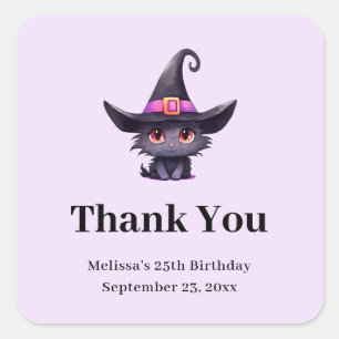 Sticker Carré Chat noir mignon dans un Merci Casquette de sorciè