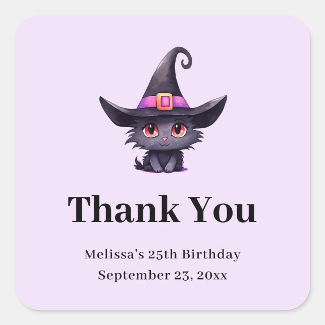 Sticker Carré Chat noir mignon dans un Merci Casquette de sorciè (Devant)