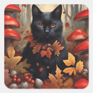Sticker Carré Chat noir mignon en forêt d'automne