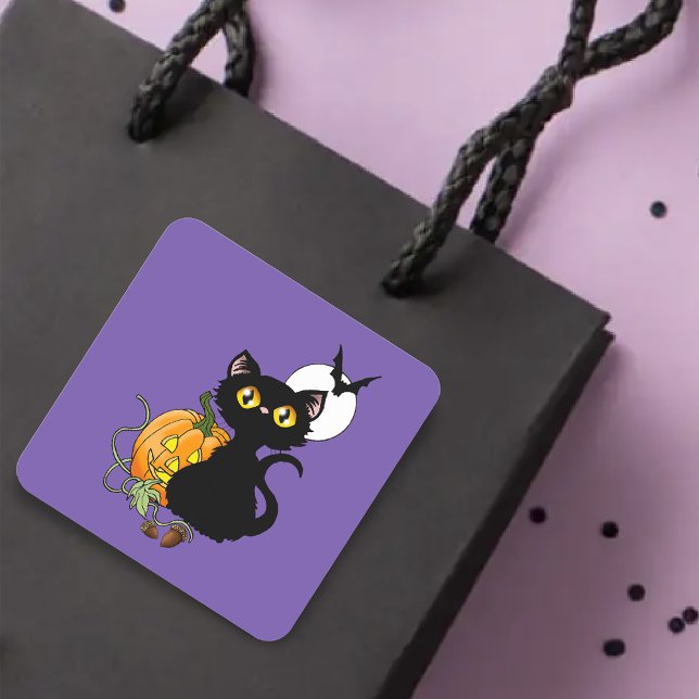 Sticker Carré Chat noir mignon violet Halloween citrouille effra (Créateur téléchargé)