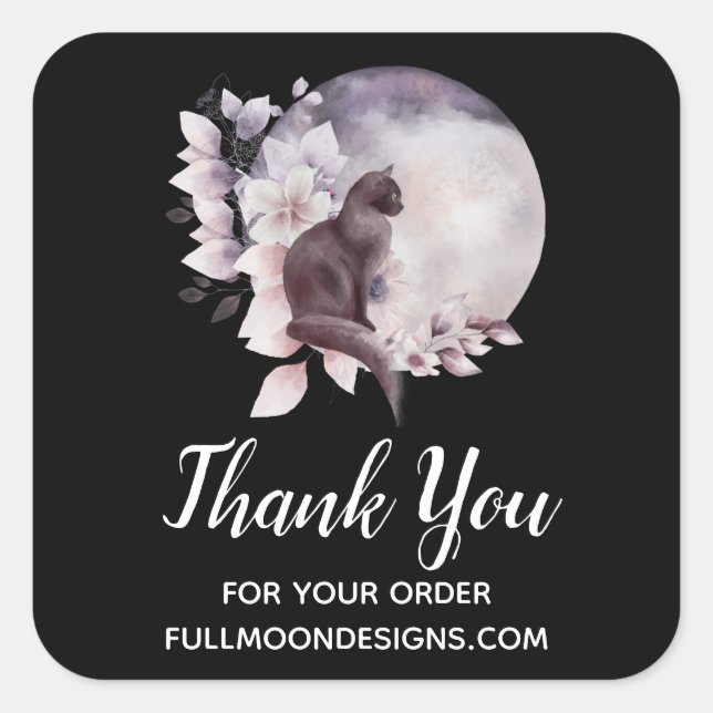 Sticker Carré Chat noir par une Pleine lune magique (Devant)