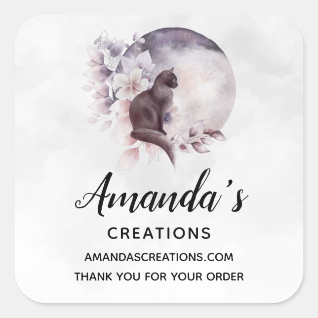 Sticker Carré Chat noir par une Pleine lune magique (Devant)