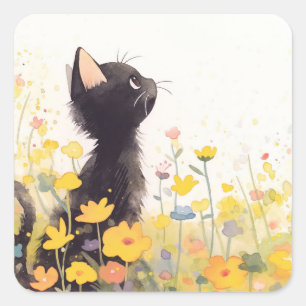 Sticker Carré Chat noir parmi les fleurs
