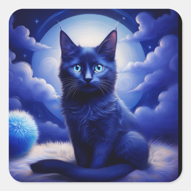 Sticker Carré Chat Noir Posant Devant La Lune Et Les Nuages Blan (Devant)