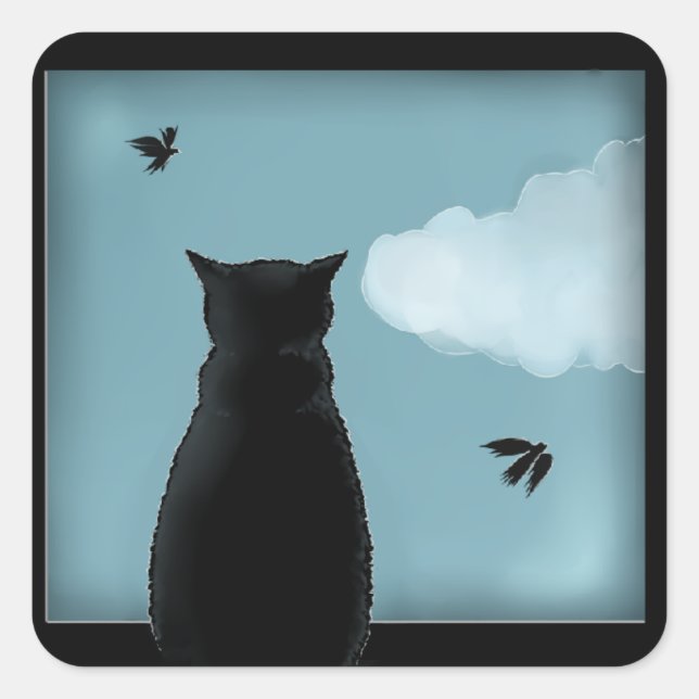 Sticker Carré Chat Noir Regardant Par La Fenêtre Au Ciel (Devant)