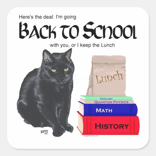 Sticker Carré Chat noir retour à l'école (Devant)