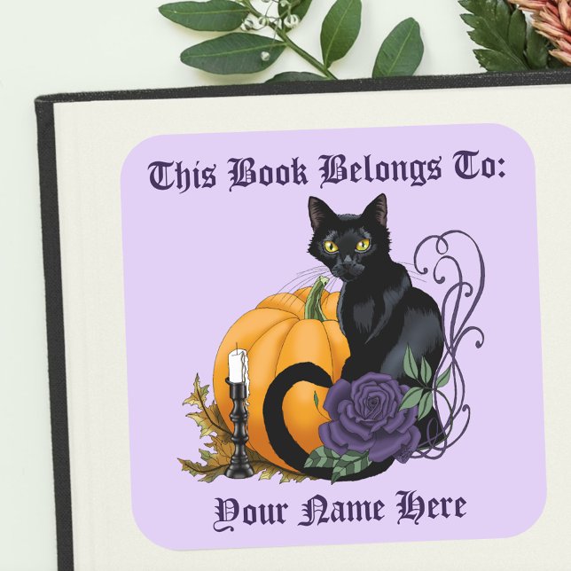 Sticker Carré Chat noir Rose pourpre Citrouille Ex-libris d'auto (Créateur téléchargé)