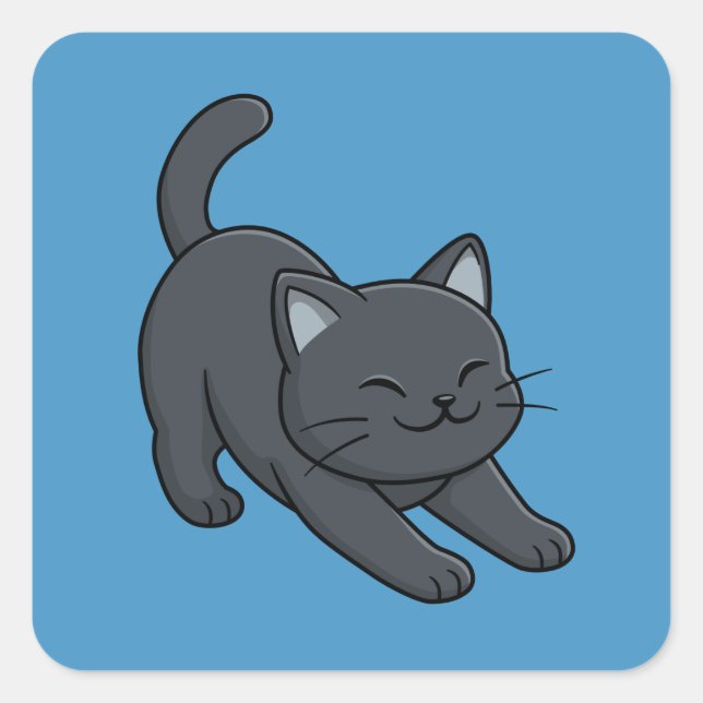 Sticker Carré Chat noir s'étirant sur fond bleu (Devant)