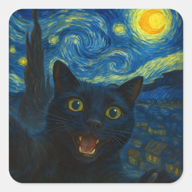 Sticker Carré Chat noir Starry Nuit Van Gogh Chat Selfie (Devant)