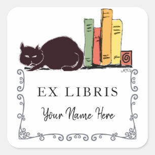 Sticker Carré Chat noir sur l'étagère de livres Cute-Drawn Plaqu