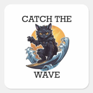 Sticker Carré Chat Noir Surf Attraper La Vague