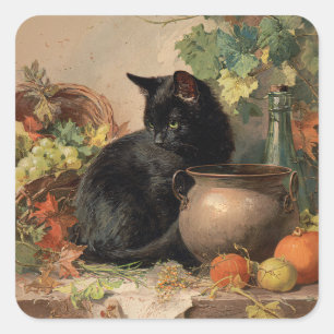 Sticker Carré Chat noir vintage au milieu des fruits d'automne