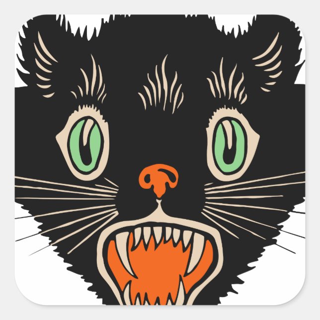 Sticker Carré Chat noir vintage d'Halloween effrayé (Devant)