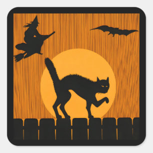 Sticker Carré Chat noir vintage Halloween, silhouette de sorcièr