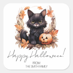 Sticker Carré Chat noir Vintage personnalisé Happy Halloween