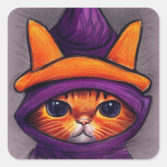 Sticker Carré Chat orange avec sorcière violette Casquette Hallo (Devant)