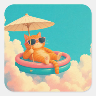 Sticker Carré Chat orange drôle flotteur piscine vacances d'été