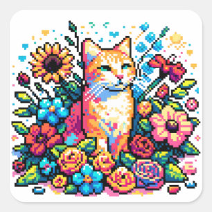 Sticker Carré Chat orange en Fleurs Pixel Art