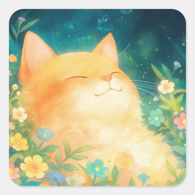 Sticker Carré Chat Orange Sieste Paisible (Devant)