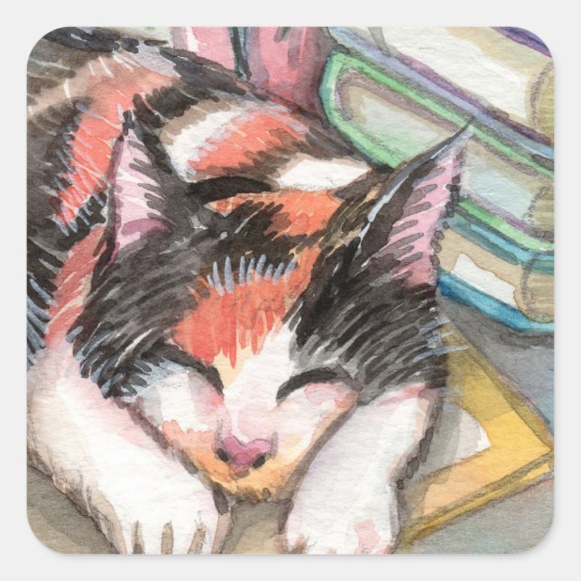 Sticker Carré Chat par les livres (Devant)