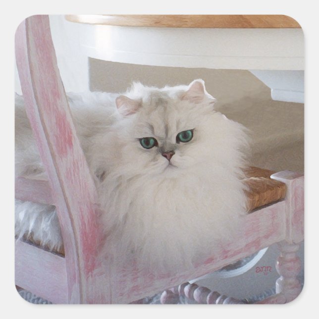 Sticker Carré Chat Persan blanc sur une chaise rose (Devant)