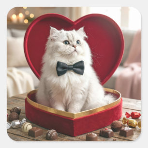 Sticker Carré Chat Persan de la Saint-Valentin dans une boîte de