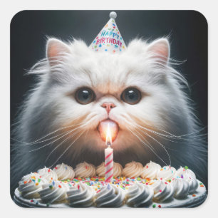 Sticker Carré Chat perse avec gâteau d'anniversaire