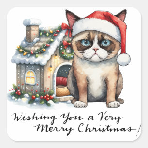 Sticker Carré Chat porte le chapeau de Noël Thème