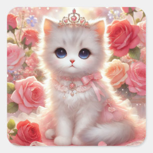 Sticker Carré Chat Princesse Rose
