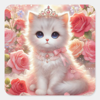 Sticker Carré Chat Princesse Rose