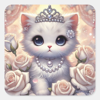 Sticker Carré Chat princesse Rose blanche
