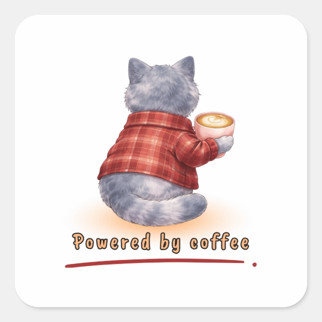 Sticker Carré Chat "Propulsé par le Café" Tenant Une Tasse de Ca (Devant)