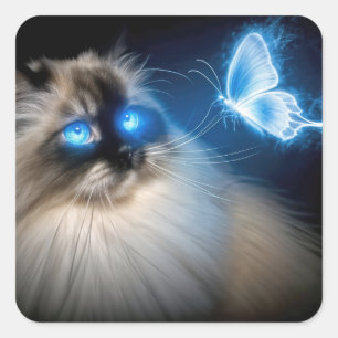 Sticker Carré Chat Ragdoll Avec Papillon Néon Bleu