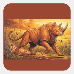 Sticker Carré Chat Rhinocéros Fantaisiste – Cadeau d'Animal Auto
