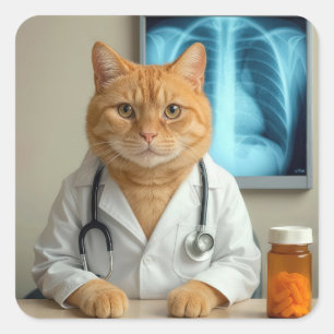 Sticker Carré Chat roux docteur avec stéthoscope