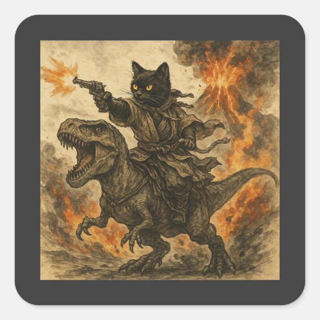Sticker Carré Chat Samouraï chevauchant un dinosaure lors d'une  (Devant)