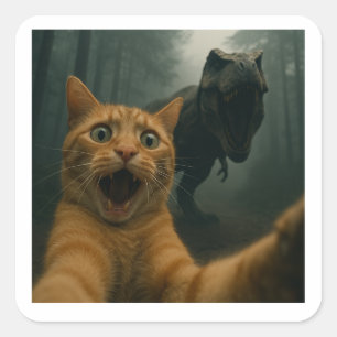 Sticker Carré Chat selfie avec T-Rex dinosaure Comédie Animal
