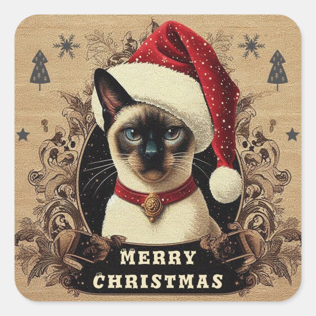 Sticker Carré Chat Siamese, Noël Père Noël Kitten (Devant)