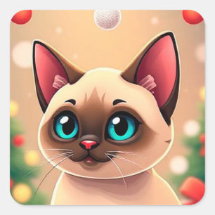 Sticker Carré Chat siamois adorable avec décorations de Noël