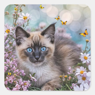 Sticker Carré Chat siamois avec papillons et fleurs